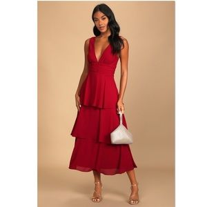Lulu’s Celebration Time red sleeveless tiered midi dress
